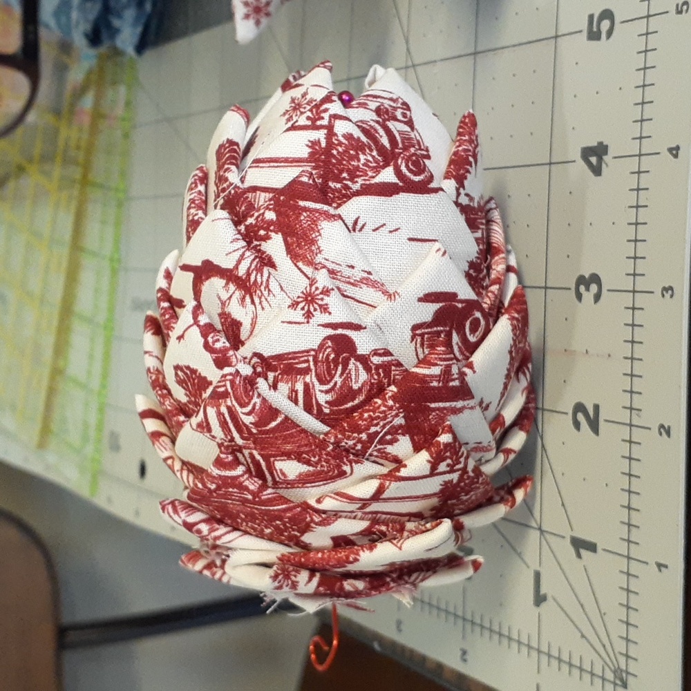 #21 Quilted Pinecone Shaped Christmas Ornament approximately 3"x4.5". Rustic.